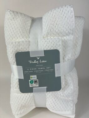 Truly Lou Bath Towel Set White Waffle Texture Design Plush Cotton Set of 6 NEW